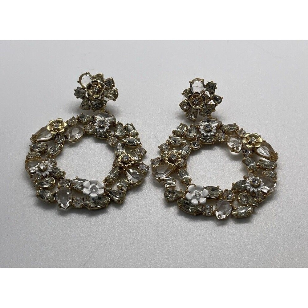 J. Crew Dangle Drop Floral Crystal Wreath Earrings Gold Tone